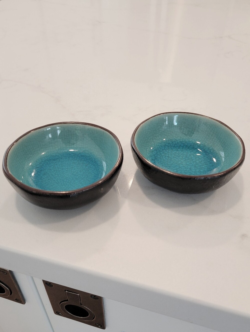 Teal crackle-glaze stoneware bowls for Dipping Sauces Set 2 Blue Black Ramekin